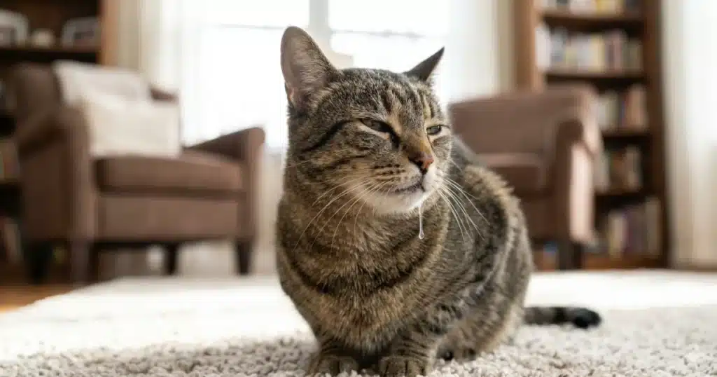 Cat sitting calmly, drooling slightly.